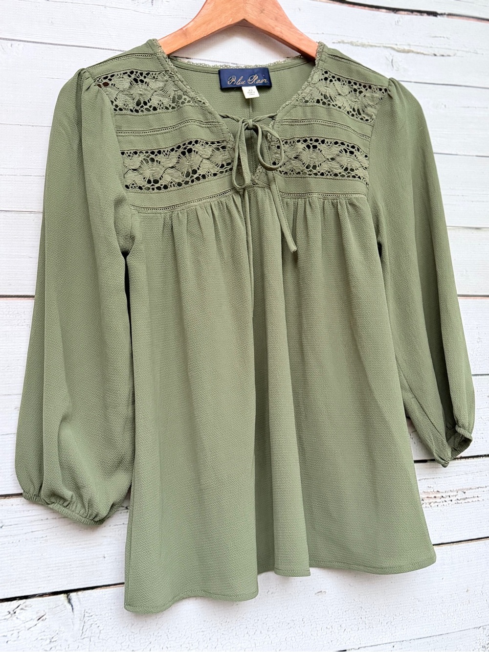 Blue Rain Olive Lace-Yoke Tie Front Peasant Top - Picture 4 of 5